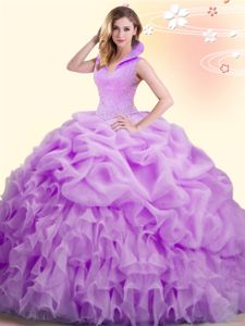 Traditional Backless Lilac Sleeveless Beading and Appliques and Pick Ups Floor Length 15 Quinceanera Dress