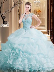 Discount Light Blue Ball Gowns Organza Scoop Sleeveless Beading and Ruffles and Pick Ups Lace Up Sweet 16 Dress Brush Train