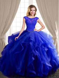 Glamorous Scoop Cap Sleeves Sweet 16 Dress With Brush Train Beading and Appliques and Ruffles Royal Blue Tulle