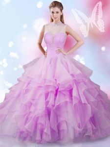Flare Lavender Tulle Backless High-neck Sleeveless Floor Length Vestidos de Quinceanera Beading and Ruffles