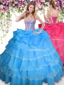 Glittering Beading and Ruffled Layers and Pick Ups Vestidos de Quinceanera Baby Blue Lace Up Sleeveless Floor Length