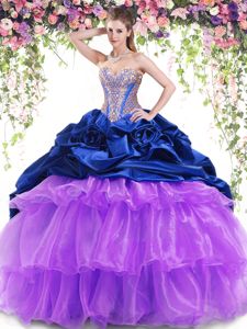 Luxurious Multi-color Ball Gowns Beading and Ruffled Layers and Pick Ups 15th Birthday Dress Lace Up Organza and Taffeta Sleeveless With Train