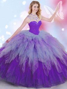 Tulle High-neck Sleeveless Zipper Beading and Ruffles Vestidos de Quinceanera in Multi-color