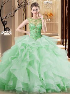Cheap Four Piece Tulle Scoop Sleeveless Lace Up Beading and Ruffles Quinceanera Gown in Turquoise