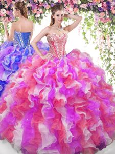 Multi-color Ball Gowns Beading and Ruffles Sweet 16 Dress Lace Up Organza Sleeveless Floor Length