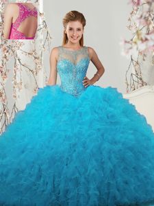 Scoop Beading and Ruffles Quinceanera Dress Baby Blue Lace Up Sleeveless Floor Length