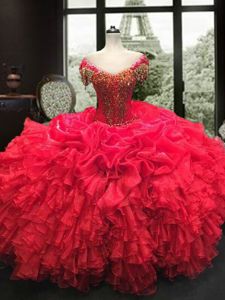 Floor Length Red Quinceanera Dress Sweetheart Cap Sleeves Lace Up