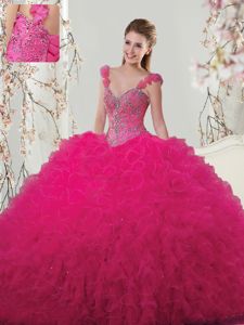 Straps Straps Floor Length Hot Pink Vestidos de Quinceanera Tulle Sleeveless Beading and Ruffles and Hand Made Flower