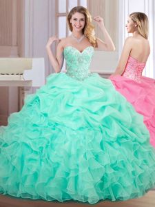 Apple Green Ball Gowns Organza Sweetheart Sleeveless Beading and Ruffles and Pick Ups Floor Length Lace Up Sweet 16 Quinceanera Dress