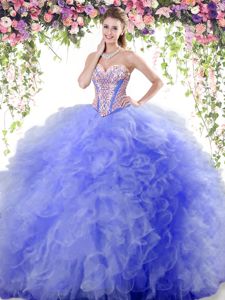 Graceful Beading and Ruffles Quinceanera Gown Blue Lace Up Sleeveless Floor Length