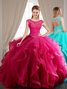 With Train Hot Pink Ball Gown Prom Dress Scoop Cap Sleeves Brush Train Lace Up