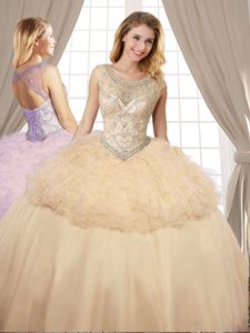 Champagne Sweet 16 Dress Military Ball and Sweet 16 and Quinceanera and For with Beading and Ruffles Scoop Sleeveless Lace Up