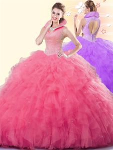 Beading and Ruffles Sweet 16 Quinceanera Dress Coral Red Backless Sleeveless Floor Length