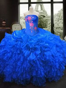 Royal Blue Ball Gowns Embroidery and Ruffles Sweet 16 Dress Lace Up Organza Sleeveless Floor Length