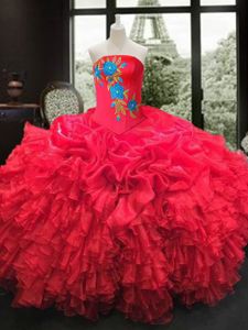Ball Gowns 15th Birthday Dress Red Strapless Organza Sleeveless Floor Length Lace Up