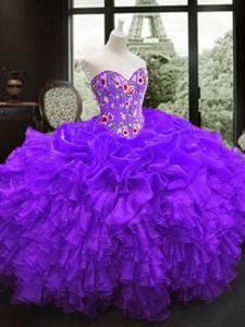 Purple Sleeveless Floor Length Embroidery and Ruffles Lace Up Sweet 16 Dress