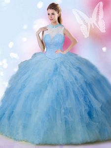 Dazzling Baby Blue Lace Up High-neck Beading and Ruffles Quinceanera Dress Tulle Sleeveless