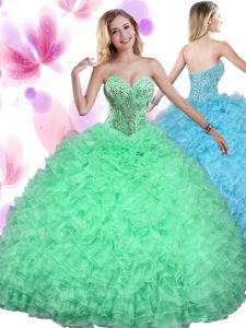 Custom Made Turquoise Ball Gowns Organza Strapless Sleeveless Embroidery and Ruffles Floor Length Lace Up Sweet 16 Dress