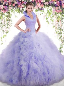 Lavender Ball Gowns Beading and Ruffles Quince Ball Gowns Backless Tulle Sleeveless Floor Length