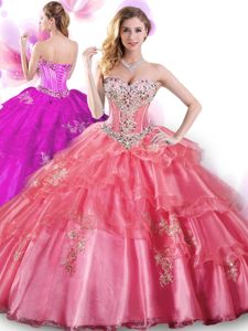 Strapless Sleeveless Organza Sweet 16 Dress Embroidery and Ruffles Lace Up
