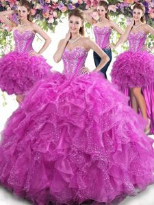 Four Piece Fuchsia Lace Up Sweetheart Beading and Ruffles Sweet 16 Quinceanera Dress Tulle Sleeveless