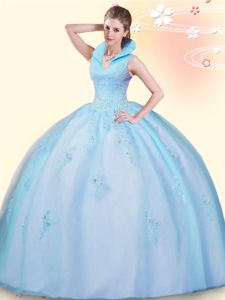 Baby Blue High-neck Backless Beading and Appliques Quinceanera Gown Sleeveless