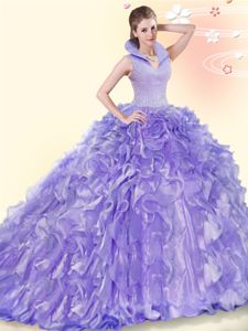Shining Lavender Backless High-neck Beading and Ruffles Quinceanera Gown Organza Sleeveless Brush Train