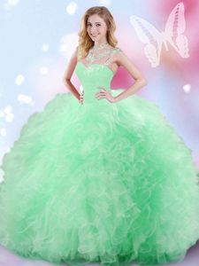 High-neck Sleeveless 15th Birthday Dress Floor Length Beading and Ruffles and Sequins Apple Green Tulle