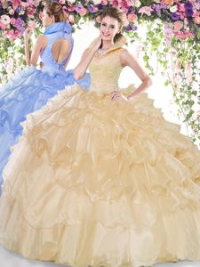 Charming Champagne Quinceanera Dresses Military Ball and Sweet 16 and Quinceanera and For with Beading and Ruffled Layers High-neck Sleeveless Backless
