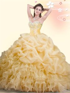 Gold Ball Gowns Sweetheart Sleeveless Organza With Brush Train Lace Up Beading and Ruffles and Pick Ups 15th Birthday Dress