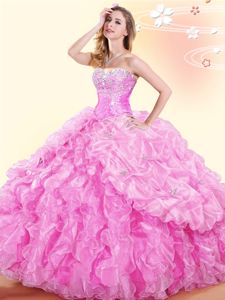 Lovely Floor Length Rose Pink Sweet 16 Quinceanera Dress Organza Sleeveless Beading and Ruffles and Pick Ups