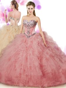 Floor Length Ball Gowns Sleeveless Rose Pink Quinceanera Gown Lace Up