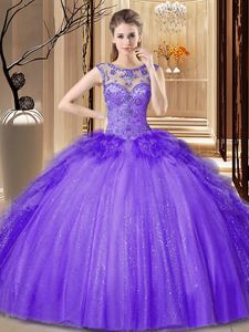 Purple Ball Gowns Tulle Scoop Sleeveless Sequins Floor Length Lace Up Ball Gown Prom Dress