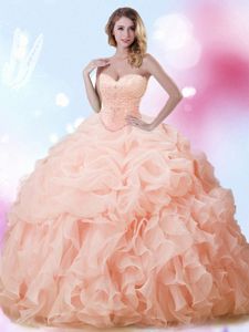 On Sale Organza Sweetheart Sleeveless Brush Train Lace Up Beading and Ruffles and Pick Ups Quince Ball Gowns in Peach