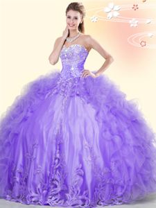 Eye-catching Lavender Ball Gowns Tulle Sweetheart Sleeveless Beading and Appliques and Ruffles Floor Length Lace Up 15 Quinceanera Dress