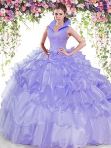 Delicate Lavender Organza Backless 15 Quinceanera Dress Sleeveless Brush Train Beading and Ruffles and Pick Ups