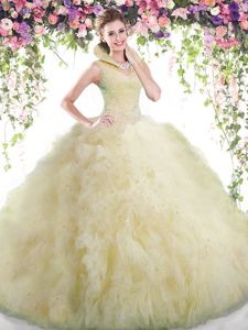 High-neck Sleeveless Backless Vestidos de Quinceanera Light Yellow Tulle
