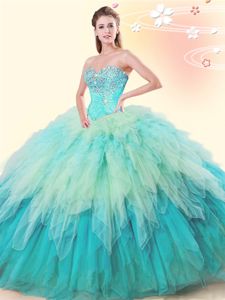 Sleeveless Floor Length Beading and Ruffles Lace Up Quince Ball Gowns with Multi-color