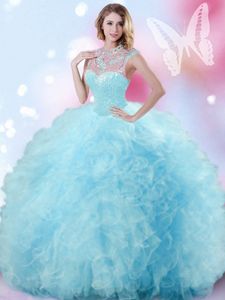 Light Blue Tulle Zipper High-neck Sleeveless Floor Length Ball Gown Prom Dress Beading and Ruffles and Pick Ups