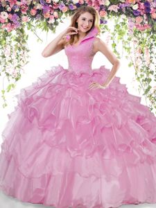 Lilac Backless High-neck Beading and Ruffled Layers Vestidos de Quinceanera Organza Sleeveless