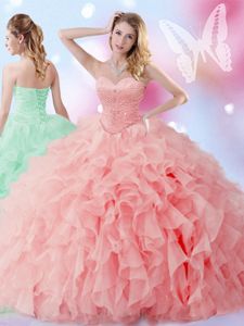 Sweetheart Sleeveless Organza Sweet 16 Dresses Beading and Ruffles Lace Up