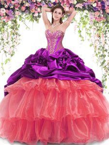 Most Popular Pick Ups Ruffled Brush Train Ball Gowns Quince Ball Gowns Multi-color Sweetheart Organza and Taffeta Sleeveless With Train Lace Up