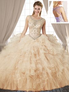 Scoop Champagne Ball Gowns Beading and Ruffles Vestidos de Quinceanera Lace Up Tulle Sleeveless Floor Length