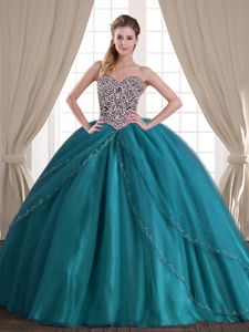 Teal Sleeveless Brush Train Beading With Train Quinceanera Dresses