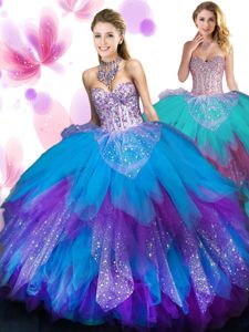 Three Piece Royal Blue Ball Gowns Beading 15 Quinceanera Dress Lace Up Tulle Sleeveless Floor Length