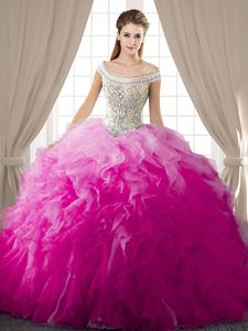 Fuchsia Organza Lace Up Off The Shoulder Sleeveless Floor Length Sweet 16 Quinceanera Dress Beading and Ruffles