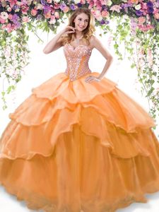 Vintage Sleeveless Organza Floor Length Lace Up Quinceanera Gown in Orange for with Beading and Ruffled Layers