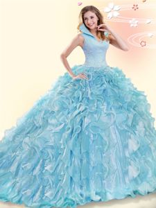 Luxurious Ball Gowns Sleeveless Aqua Blue Vestidos de Damas Brush Train Backless