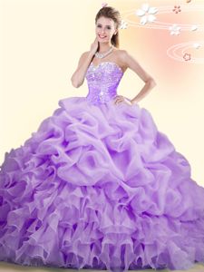 Lilac Organza Lace Up Sweetheart Sleeveless With Train Ball Gown Prom Dress Brush Train Beading and Ruffles and Pick Ups