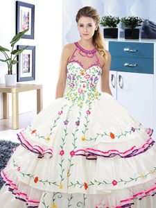 Suitable White Organza and Taffeta Lace Up Halter Top Sleeveless Floor Length Sweet 16 Quinceanera Dress Embroidery and Ruffled Layers